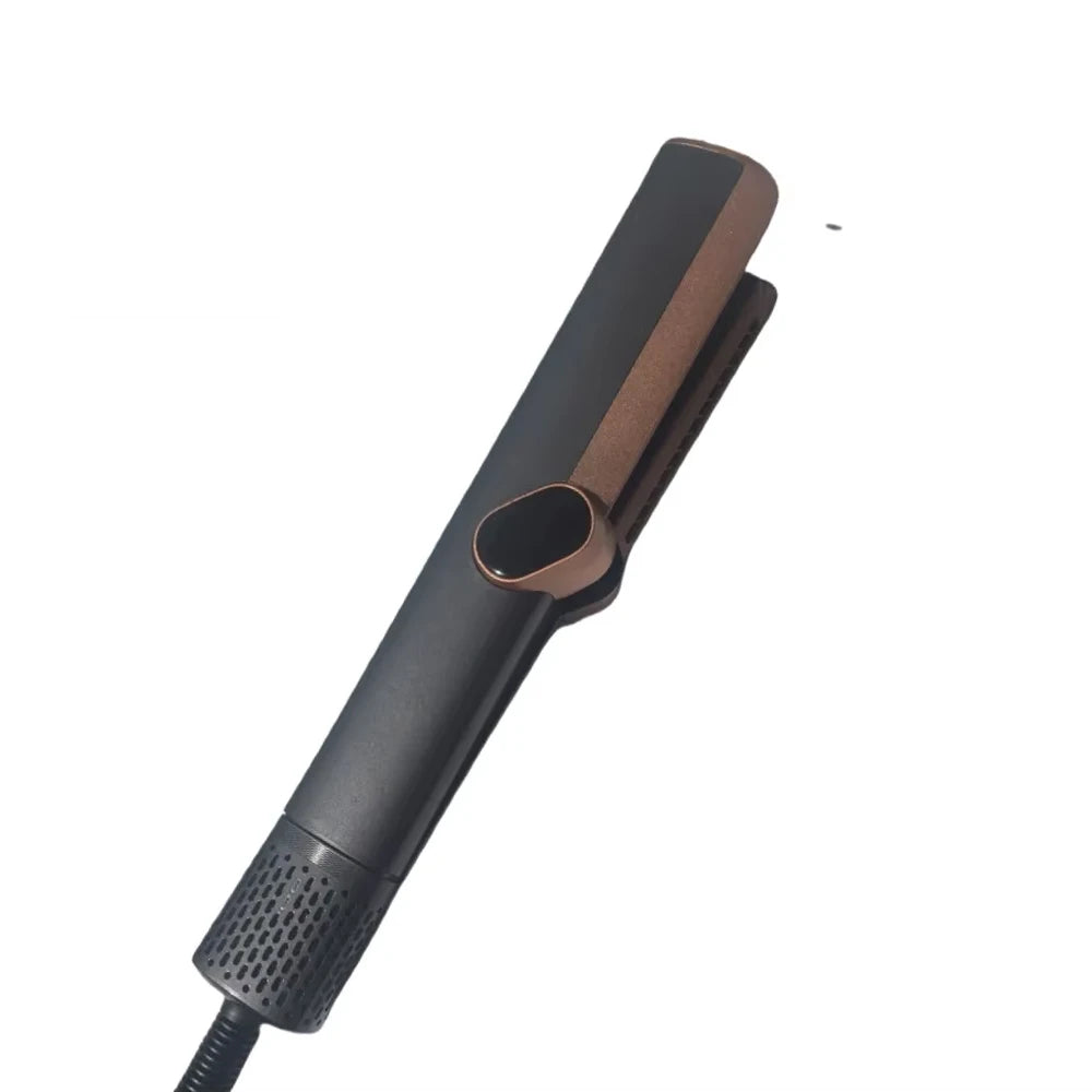 Black and rose gold 2-in-1 hair dryer and straightener multi-styler with ion technology and vented handle design.