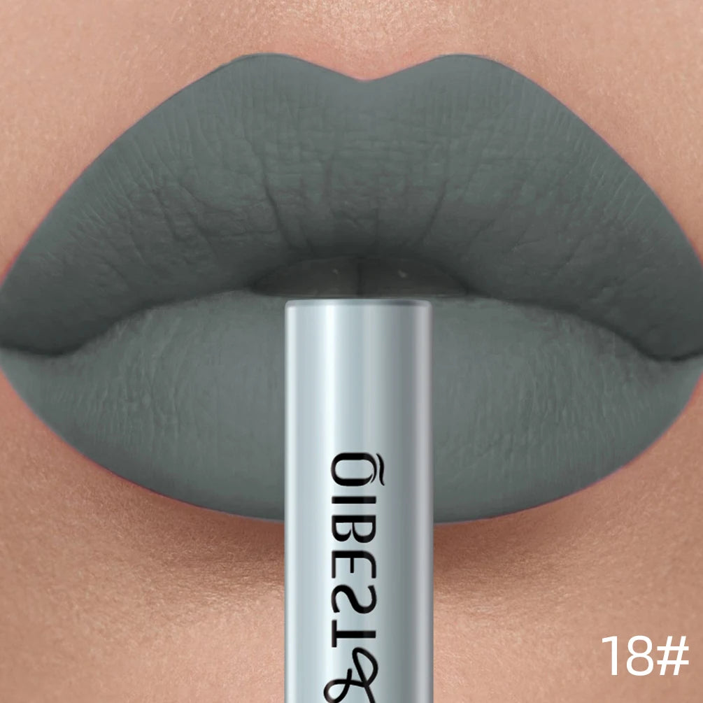 QIBEST velvet matte liquid lipstick in grey shade 18, long-lasting nonstick lip makeup for a smooth, bold finish.