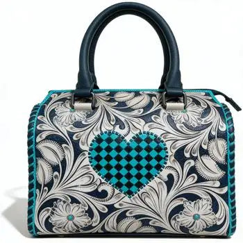 Teal genuine leather mini duffel bag featuring a white floral pattern and a checkered heart design. Weekender trunk.