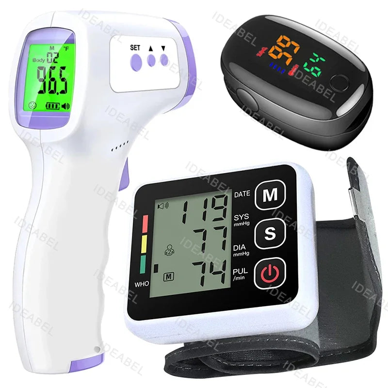 Digital Blood Pressure Monitor Wrist Tensiometer Electronic Sphygmomanometer Tonometer with LCD Forehead Digital Thermometer