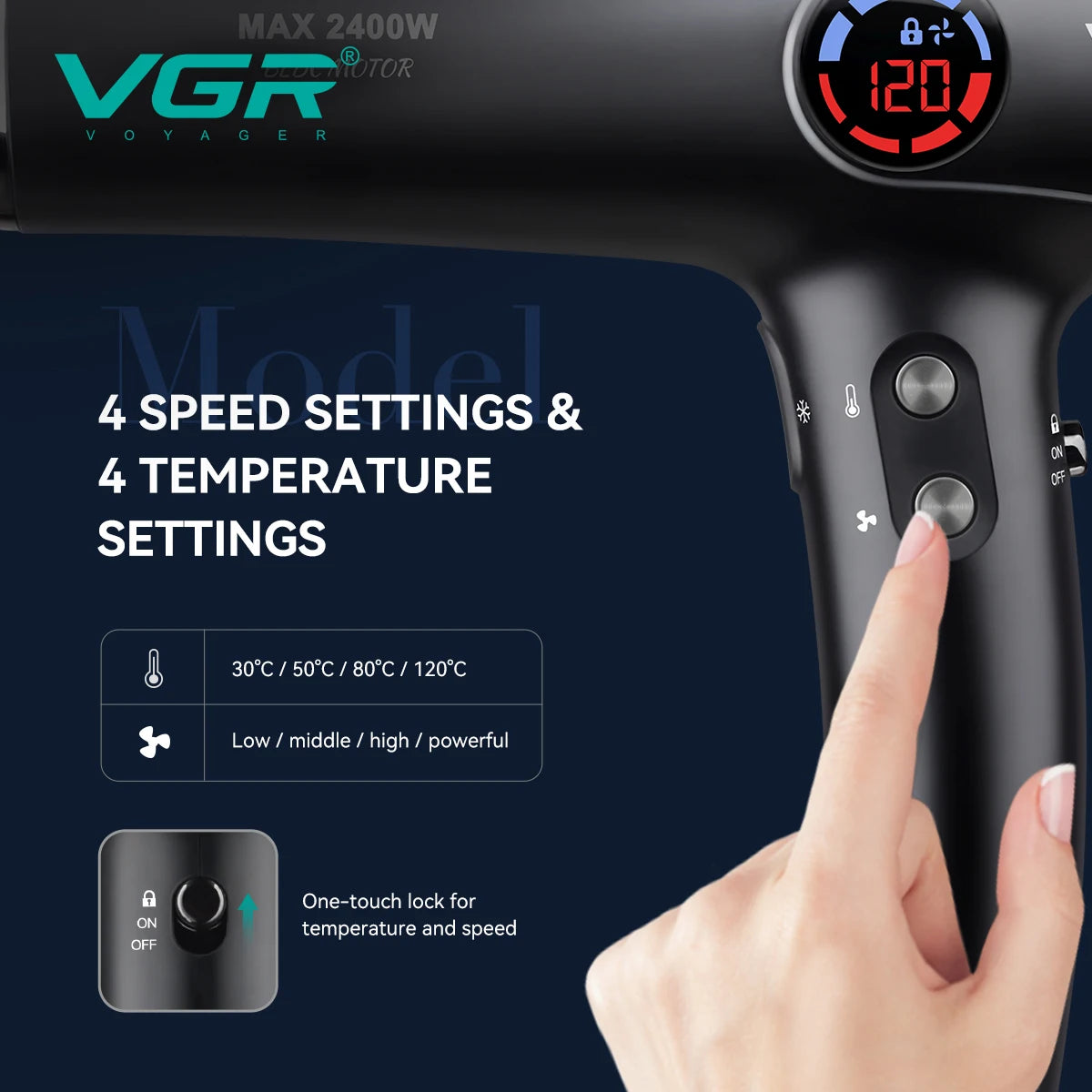 VGR V-469 professional black hair dryer with LED display, 4 speed/heat settings, and convenient one-touch safety lock.