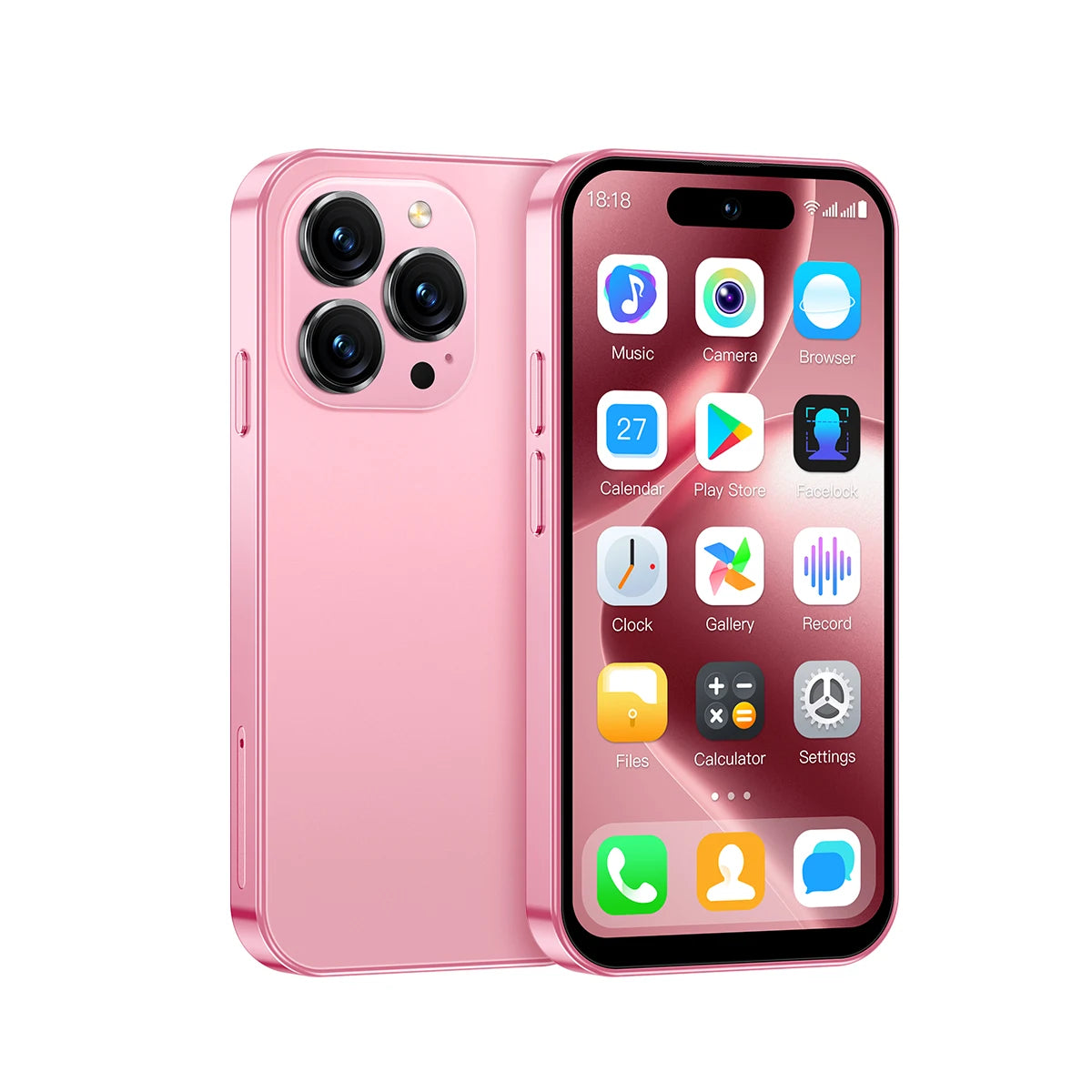 Pink mini Android smartphone with triple rear cameras and front display, unlocked look