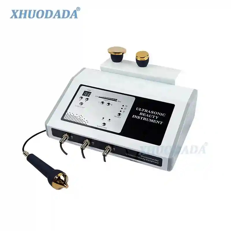 3-in-1 ultrasonic facial device with digital controls, gold heads, and handheld probe for anti-aging and skin therapy.