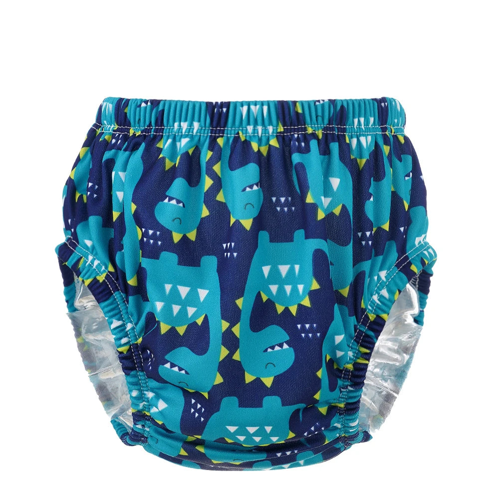 Reusable baby swim diaper in blue with a cute dinosaur pattern, elastic waist for secure fit.