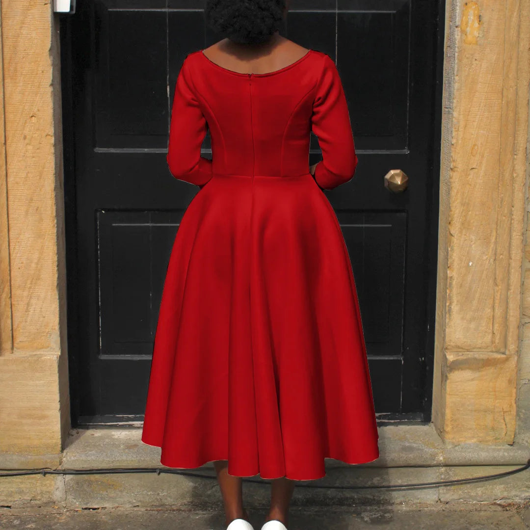 Elegant Pure Color Maxi Dress Evening Gown A- Line Skirt Polyester Fabric round Neck Short Sleeve High Waist Midi Dress