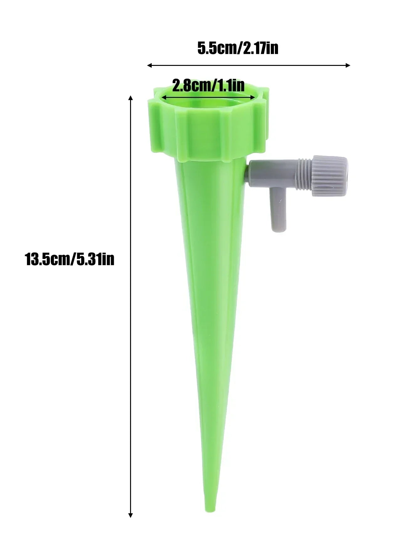 Green drip irrigation stake with adjustable control valve; shown with size measurements