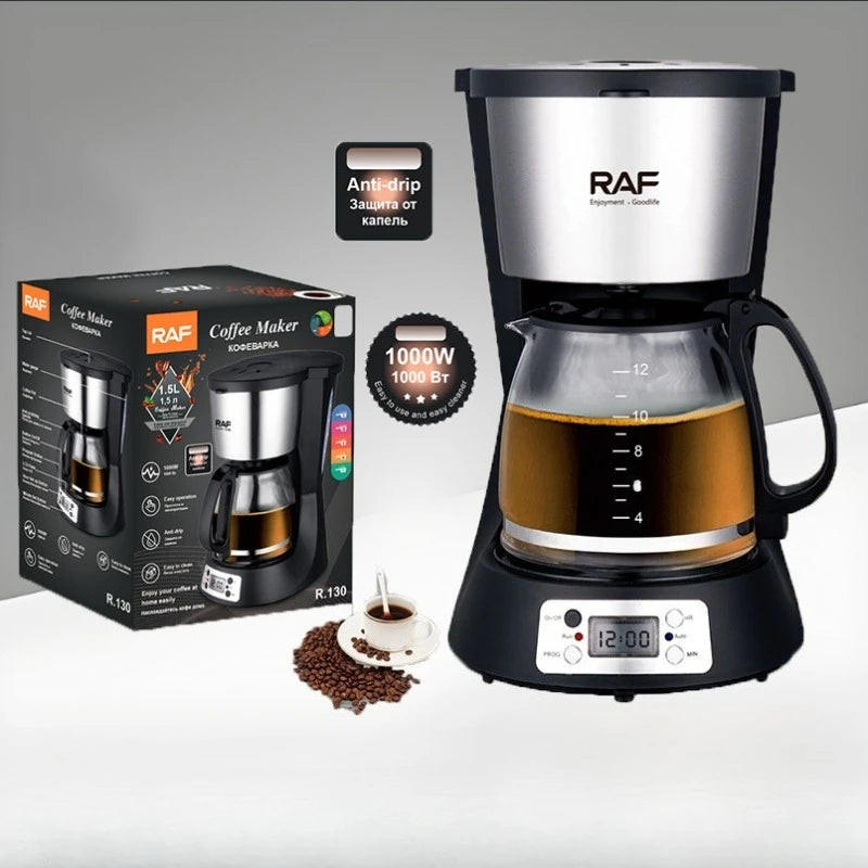 RAF 1.5L programmable drip coffee maker, 1000W, black and stainless steel with glass carafe and anti-drip feature.
