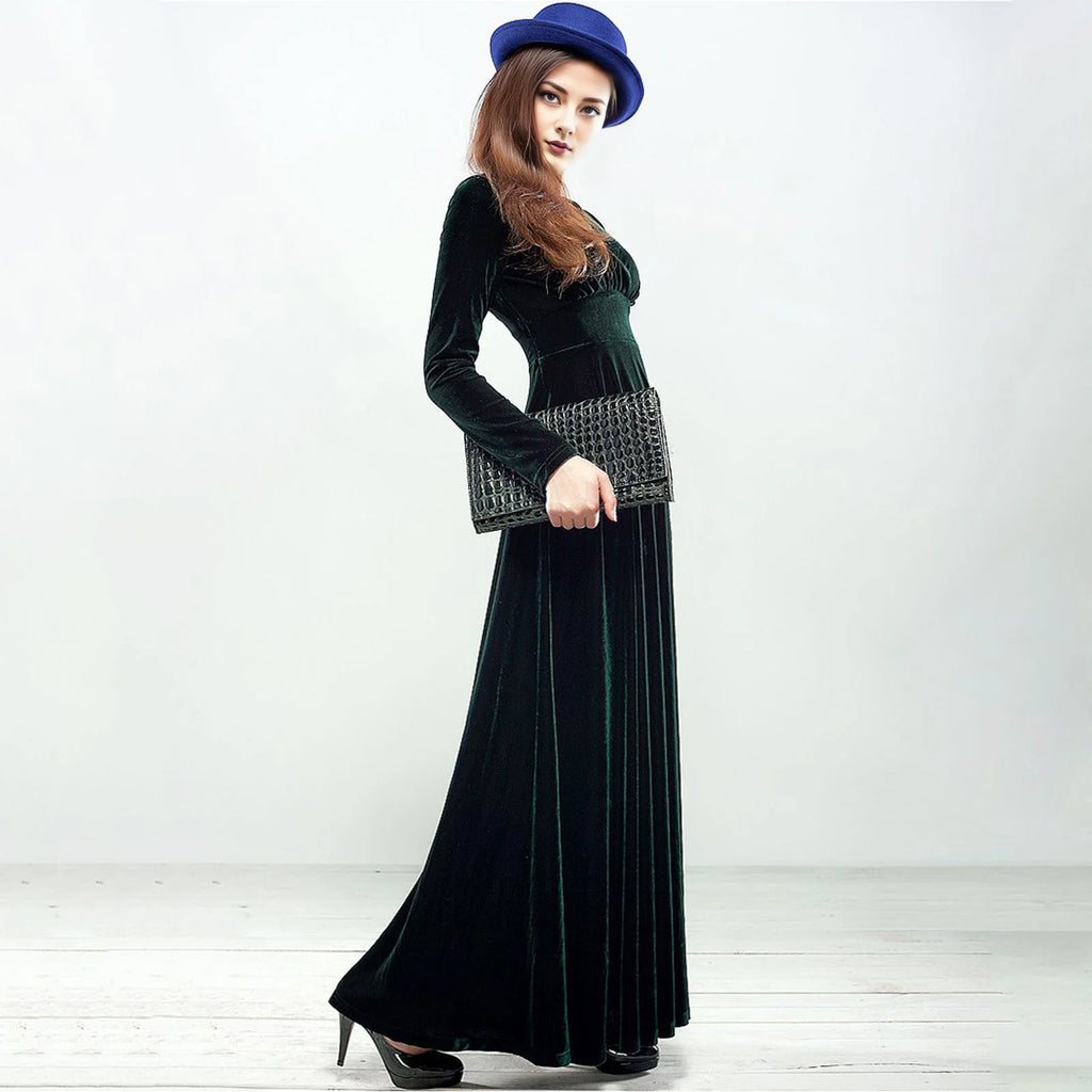 Vintage Women Autumn Long Sleeve V Neck Pleated Velvet Banquet Party Maxi Dress Party Wedding Elegant Evening dress 