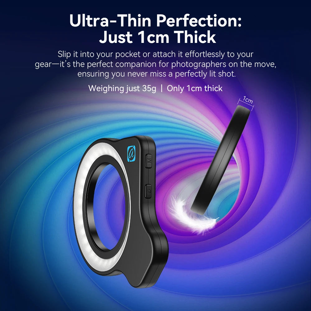 Black, 1cm thick portable circular LED ring light for photography, featuring side control buttons.