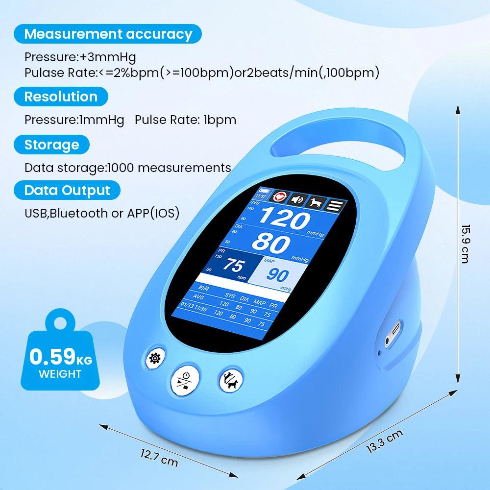 VET800 Veterinary Blood Pressure Monitor NIBP Pet Tensiometer 4.3" Touch Screen 5 Cuffs Bluetooth Portable Vet Sphygmomanometer