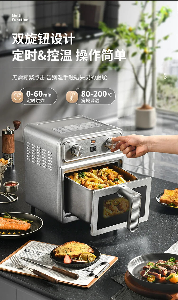Household 0‑Coating Stainless Steel Air Fryer Dual‑Heat‑Source Visible Large Capacity Oil‑Free Electric Cooking Fryer