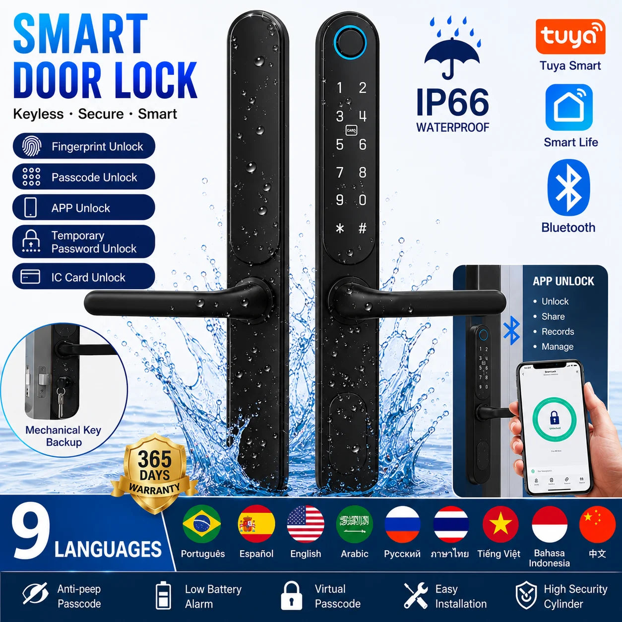 Tuya Bluetooth Smart Door Lock IP66 Waterproof Fingerprint Lock for Outdoor Gate Apartment Narrow Frame Door EU 85 Mortise