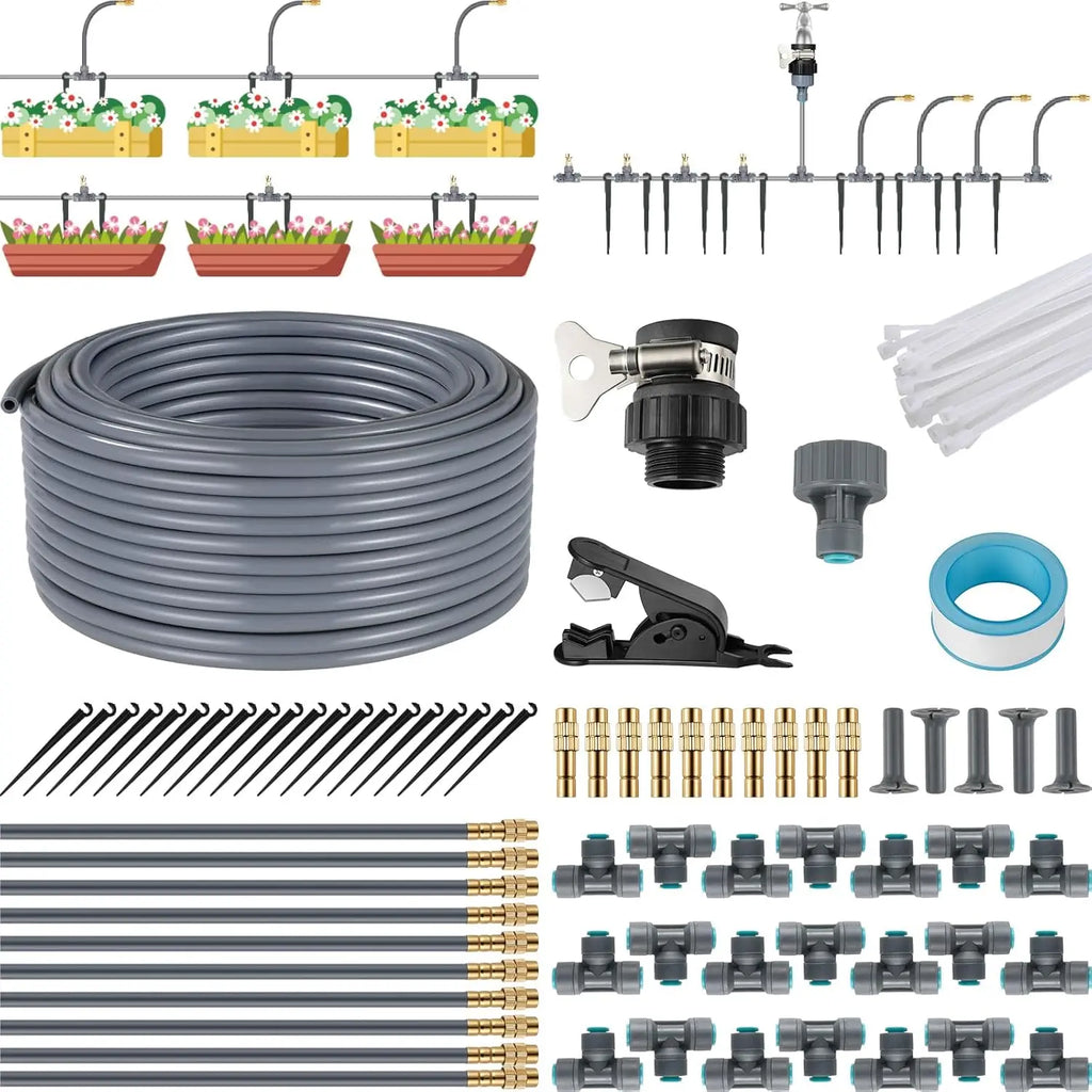 DIY drip irrigation kit components: gray tubing, connectors, drippers, stakes, filter