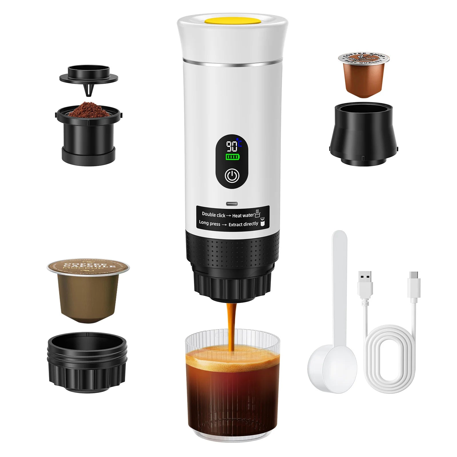 Portable white electric espresso maker with digital display, capsule/ground coffee adapters, and USB charging cable.
