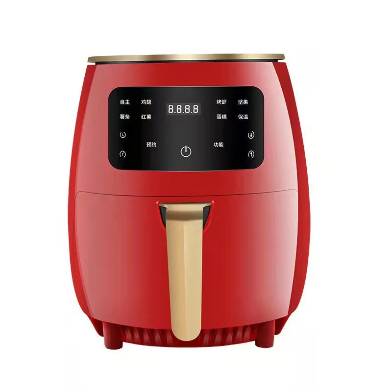 Red air fryer with touch screen control panel and gold basket handle