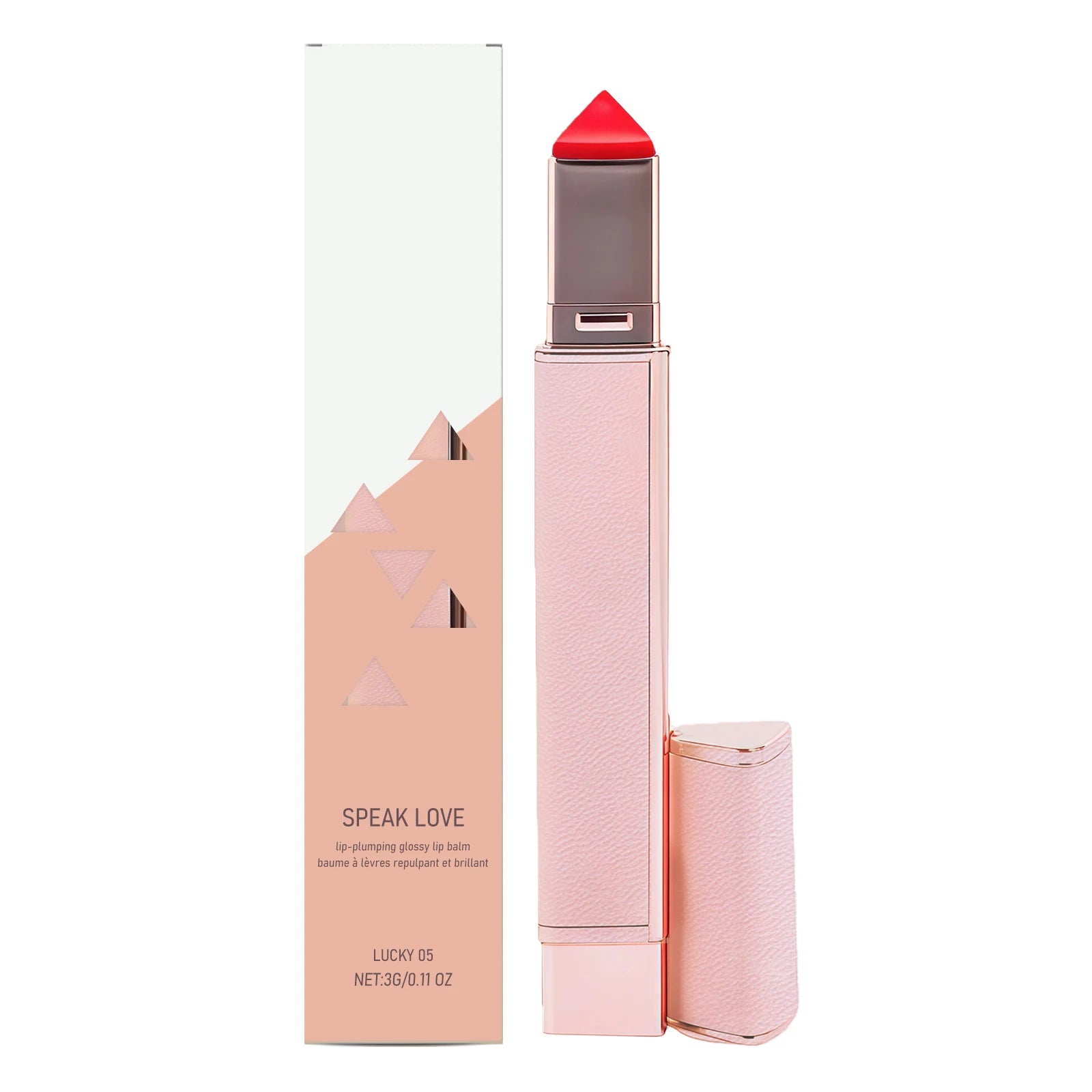 Red triangle-tip hydrating lip balm stick in elegant pink casing next to its matching packaging box.