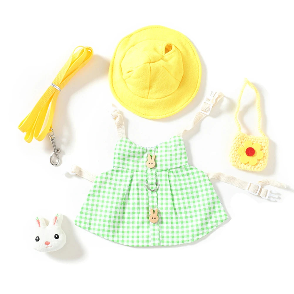 Cute green gingham bunny harness set with yellow hat, leash, and mini bag for outdoor small pet walking.