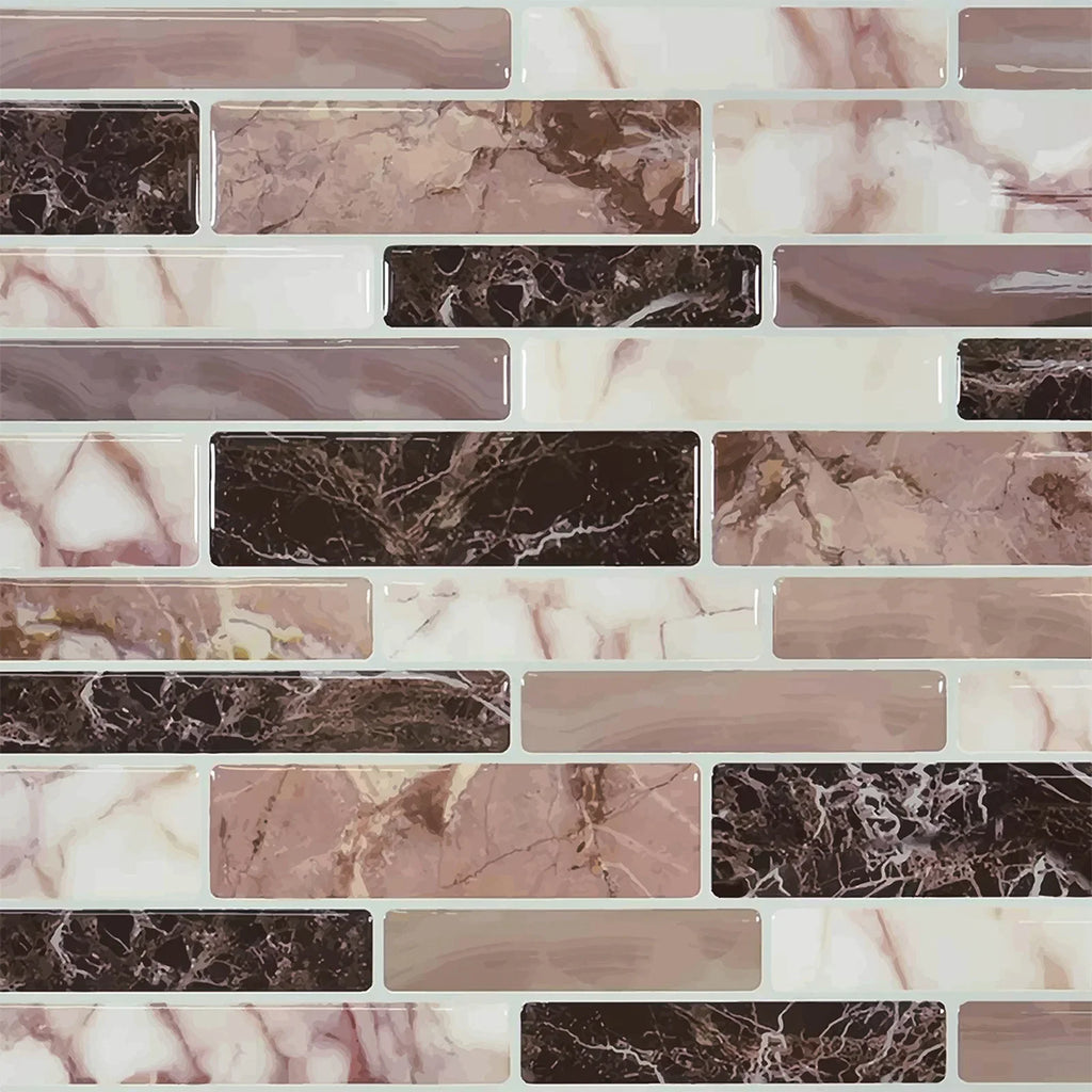 Self-adhesive 3D mosaic tile wall sticker sheets with marble-look cream, pink, and dark panels
