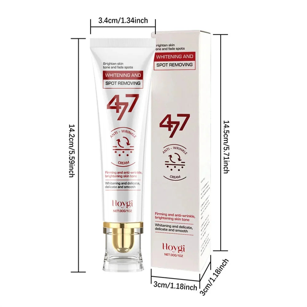 White Hoygi spot-removing cream tube and box with red text, featuring "47" branding and product dimensions in cm/inches.