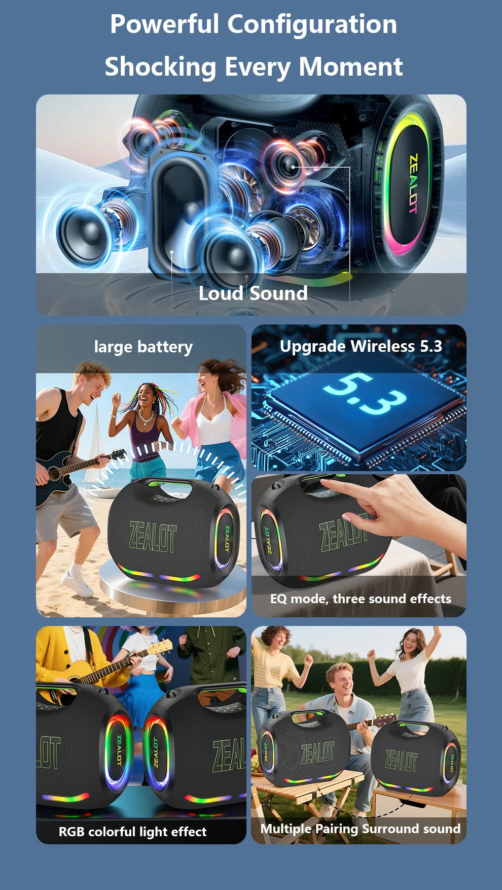 ZEALOT-ZE21 400W Big Power Wireless Bluetooth Peaker Outdoor Portable 48000mAh Long Battery With RGB Color Lights TWS Subwoofer High Volume Waterproof Bluetooth Speaker