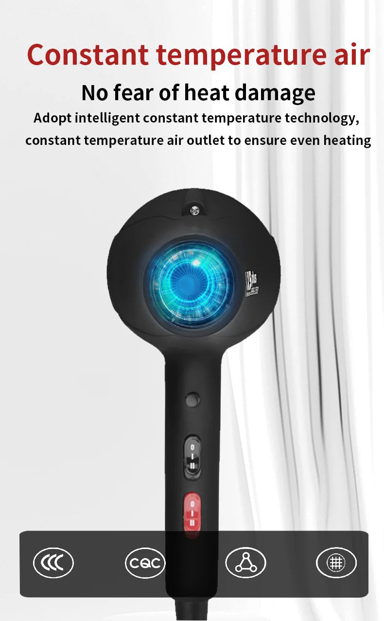 X6 2400W professional black hair dryer with constant temperature technology for heat damage-free fast drying at home.