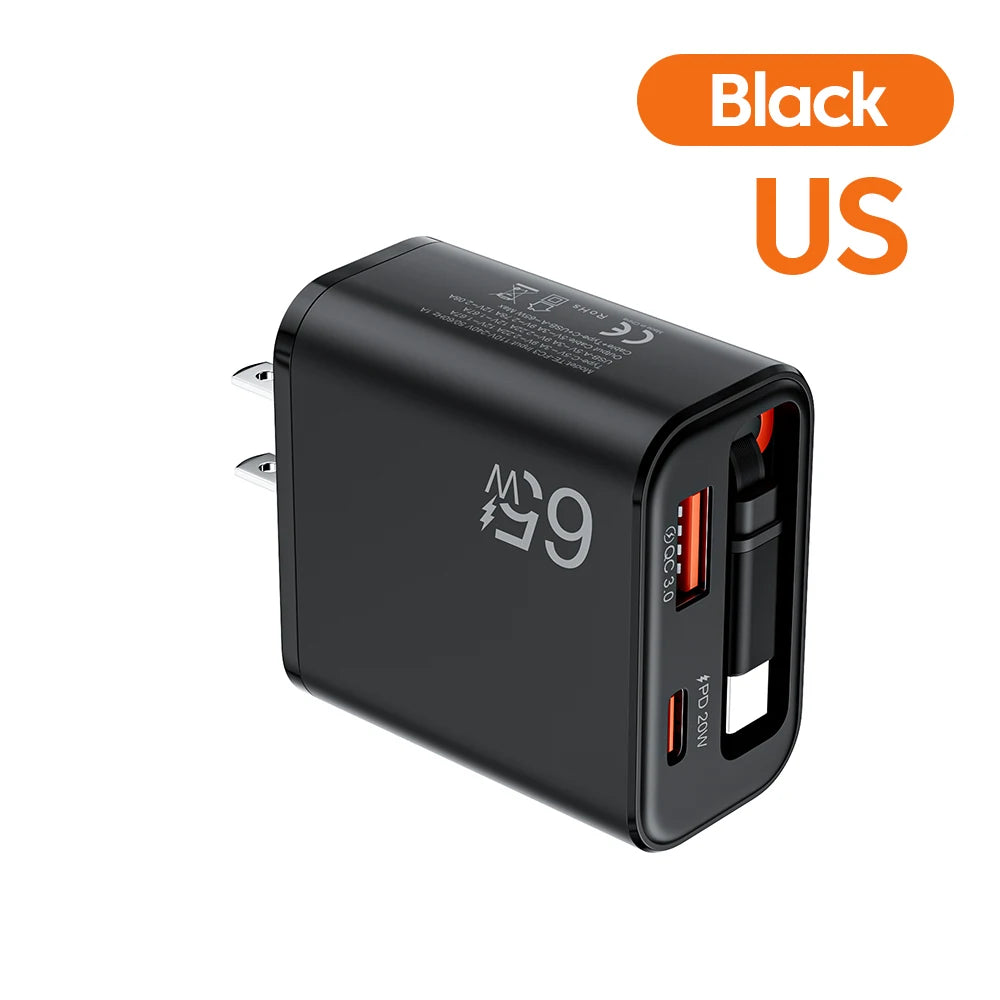 65W USB C Fast Charger with Retractable Cable - Tidesmit Black US Tidesmit