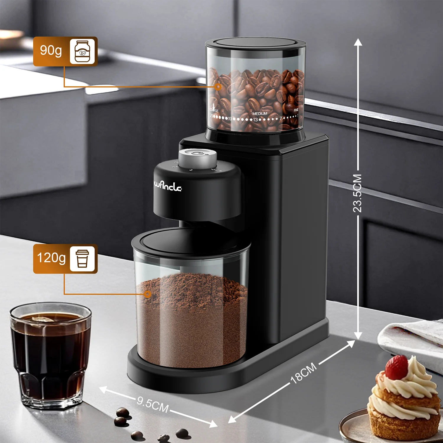 Wincle black electric coffee grinder with 90g bean hopper and 120g grounds container, 23.5cm tall, modern design.