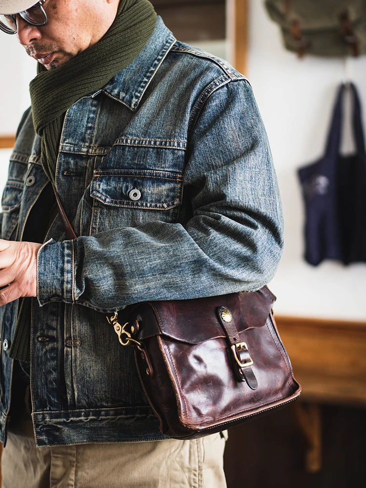 Fashion vintage outdoor daily genuine leather men's small phone shoulder bag designer handmade luxury cow leather crossbody bag