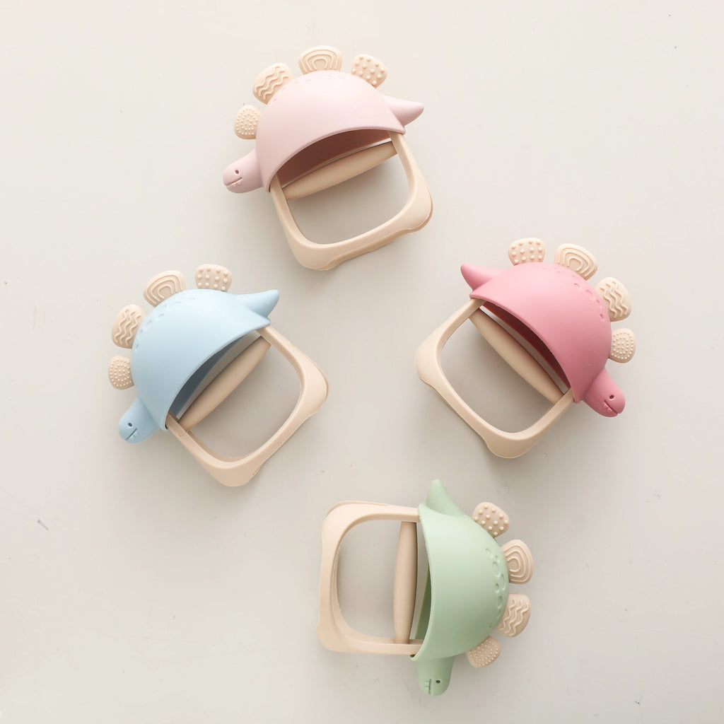 Baby Silicone Teether Toys,Perfect for Teething Toys 0-3-6 Months and Shower Gifts, BPA-Free, Ergonomic Dinosaur Wood Design.