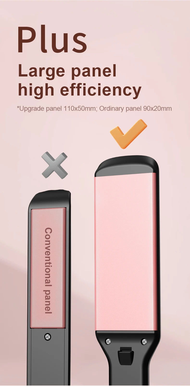 Comparison of professional wide-plate hair straightener with ionic oil coating vs standard size iron for salons.