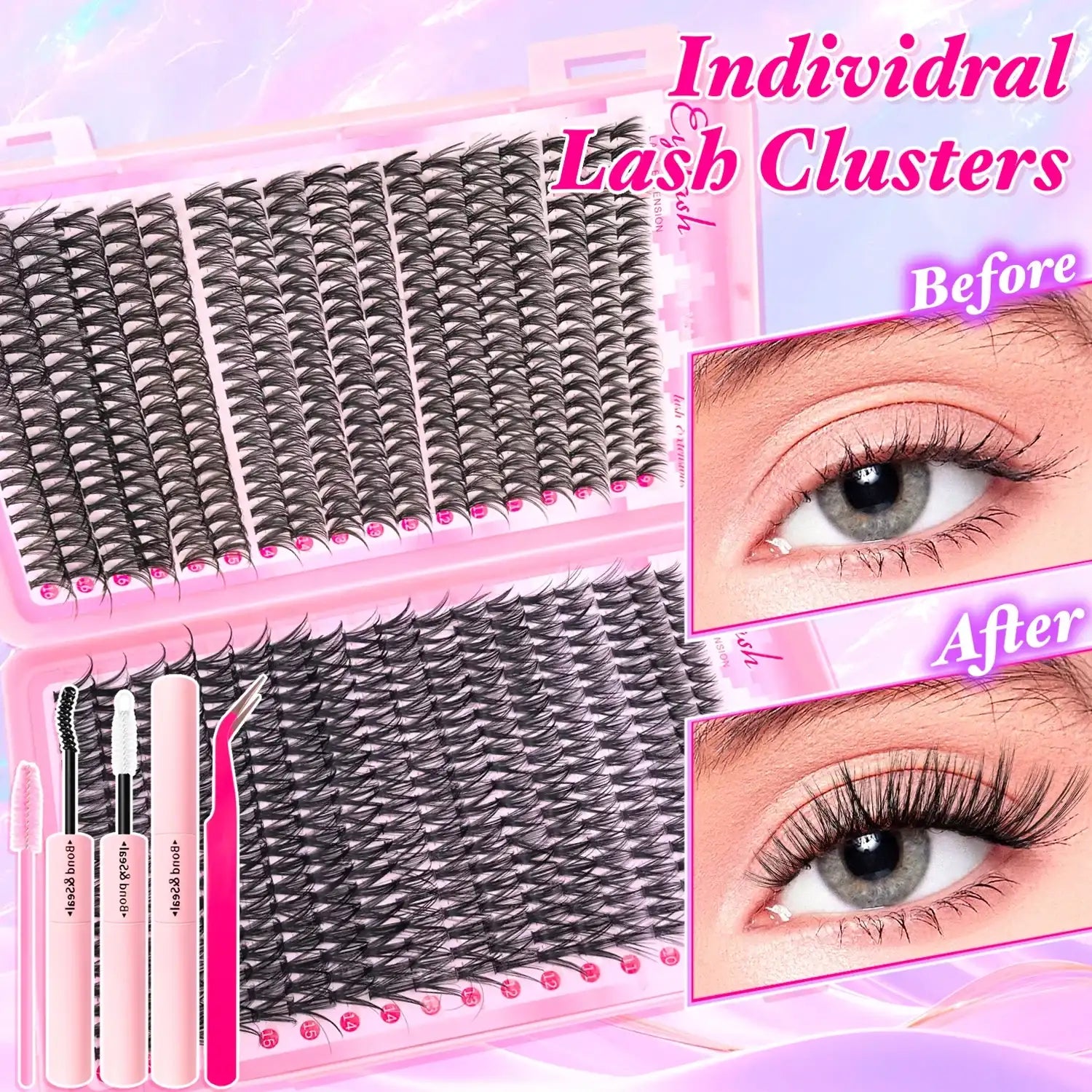 720/200pcs eyelash Extension Kit Fluffy Eyelash Extension kit with Lash Bond and Seal Lash Tweezers Thick Lash Clusters Wispy False Eyelashes Tidesmit