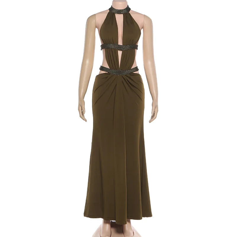 Sexy Women's Maxi Dress Halter Hollow Out Backless Sleeveless Ruched Evening Long Dresses Party Chic Robe Green Purple Summer