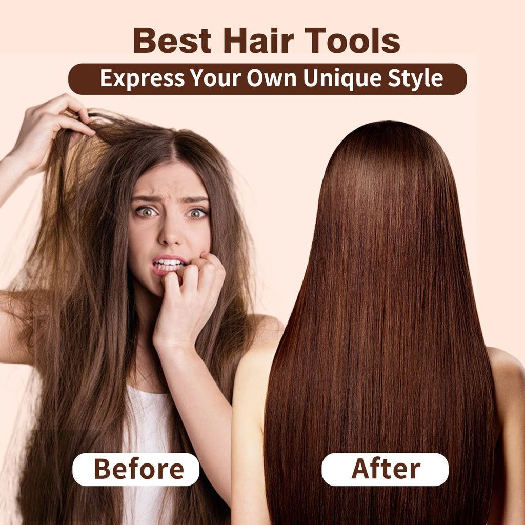 Before and after hair transformation using a 2in1 multi-styler LCD hair dryer and straightener for sleek, smooth hair.