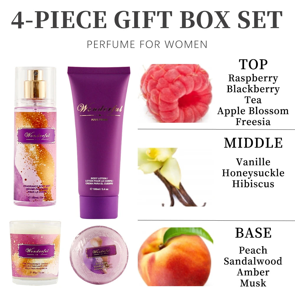 Wonderful Women's 4-piece fragrance gift set: body mist, lotion, candle, bath bomb with raspberry, vanilla, peach notes.