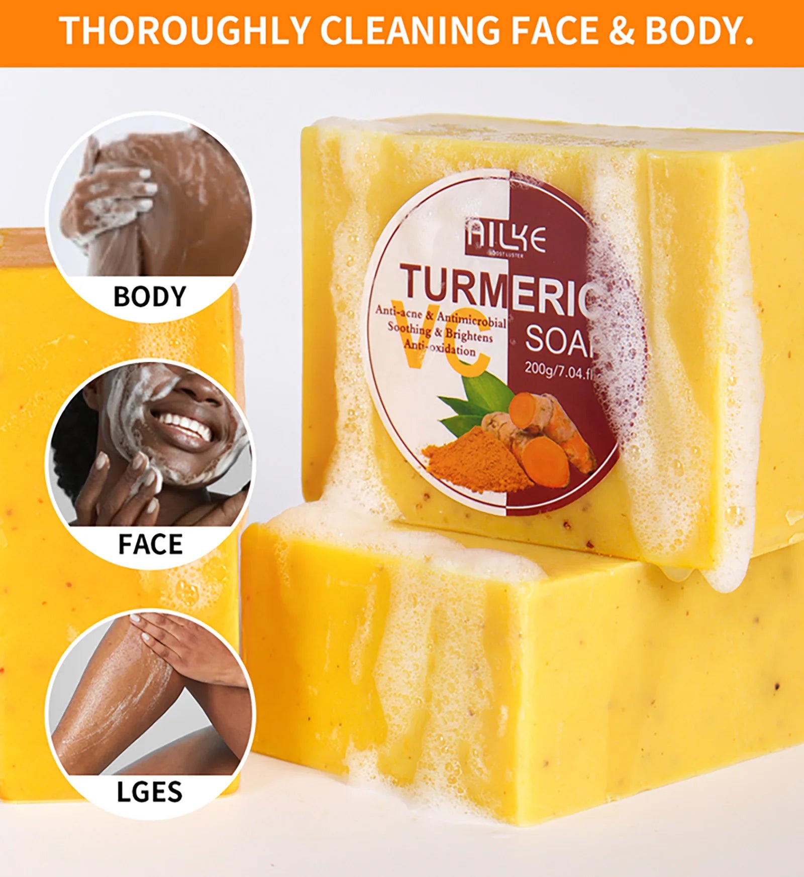 AILKE Natural Turmeric Soap for Face & Body, Whitening, Clean Stains, Even Skin Tone, Remove Acne, Age Spot, Black Spot, 200g