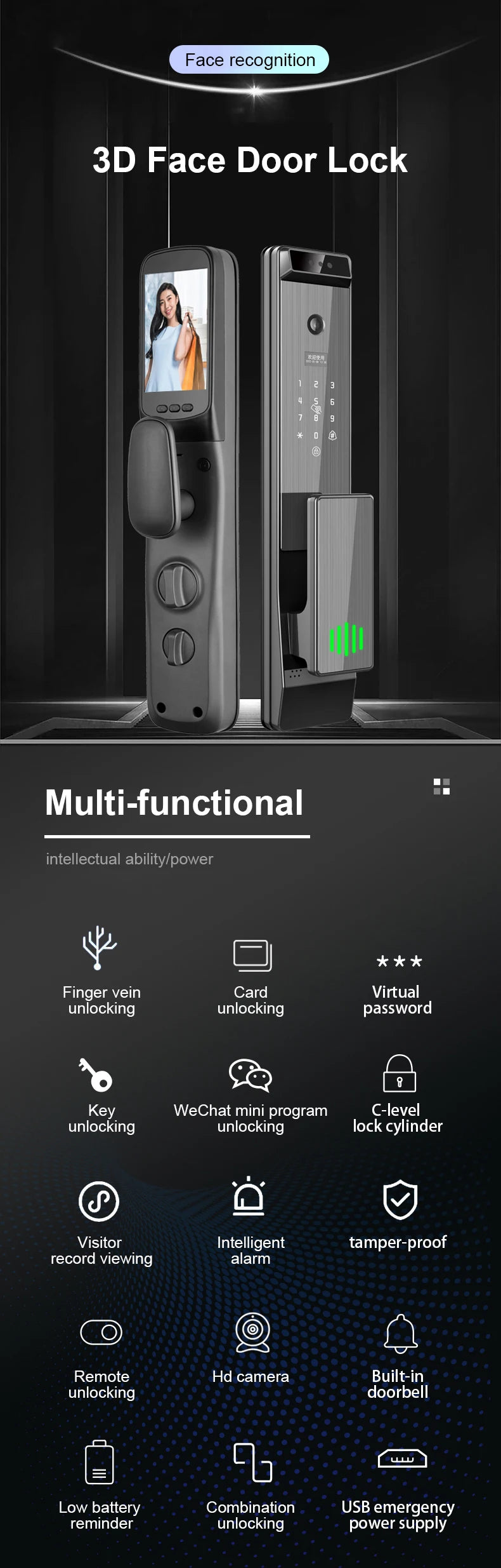 Hot Selling Tuya Smart Door Lock with WiFi APP & Tuya Smart Camera Fingerprint Face Recognition & Key Password Card Smart Lock