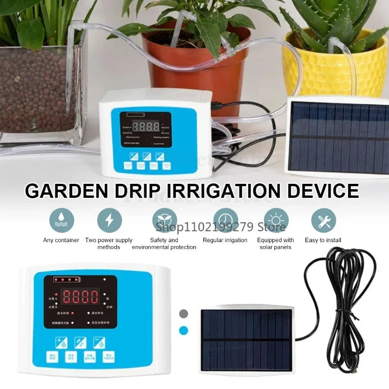 Solar Auto Drip Irrigation Kit Dual Water Pump Smart Watering Controller Outdoor Automatic Irrigation System for Yard Balcony Potted Plants & Home Flower Cultivation