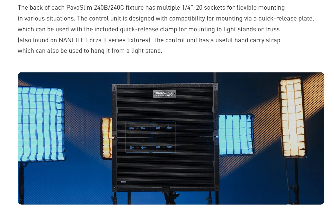 Black PavoSlim 240C LED light panel with multiple mounting sockets on the rear, used for professional film lighting.