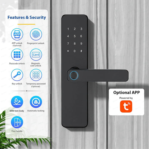 Black smart door lock with touchscreen keypad and fingerprint sensor on lever handle