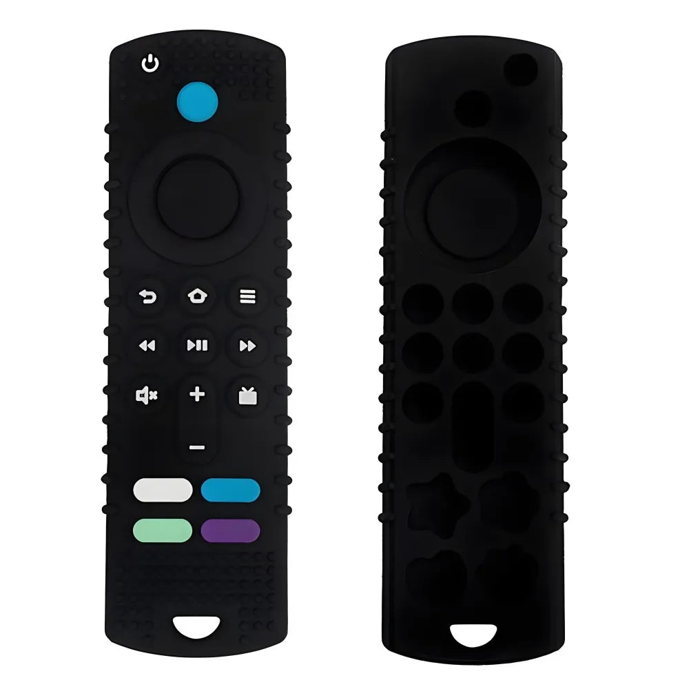 Black silicone remote-style baby teething toy for soothing relief.