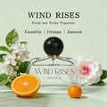 Yvette Wind Rises women’s floral fruity perfume with camellia, orange, jasmine notes in a chic square glass bottle.