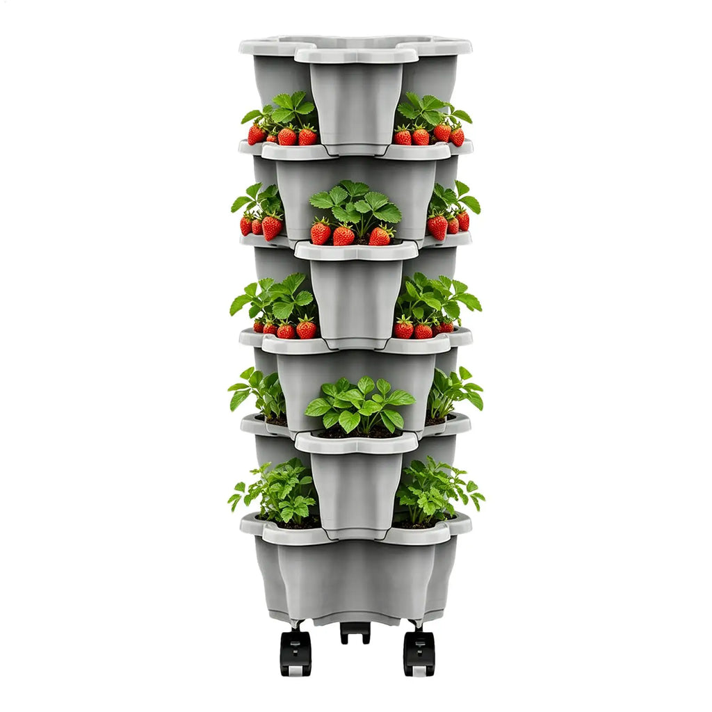 6-Tier Plastic Stackable Vertical Flower Pot Garden Planter Tower With Movable Casters For Strawberry Vegetable Frame Growing