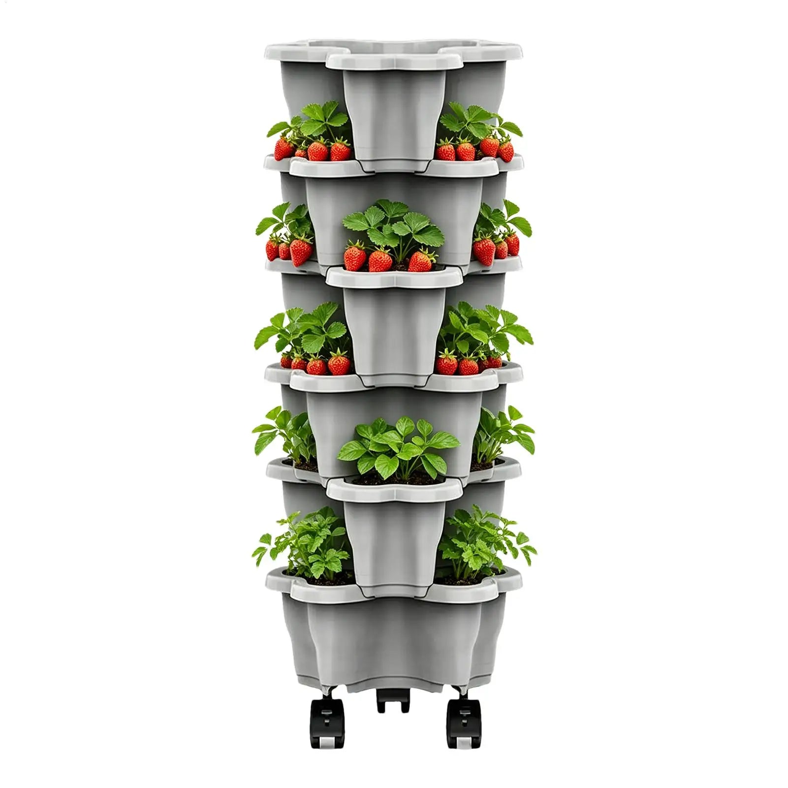 6-Tier Plastic Stackable Vertical Flower Pot Garden Planter Tower With Movable Casters For Strawberry Vegetable Frame Growing