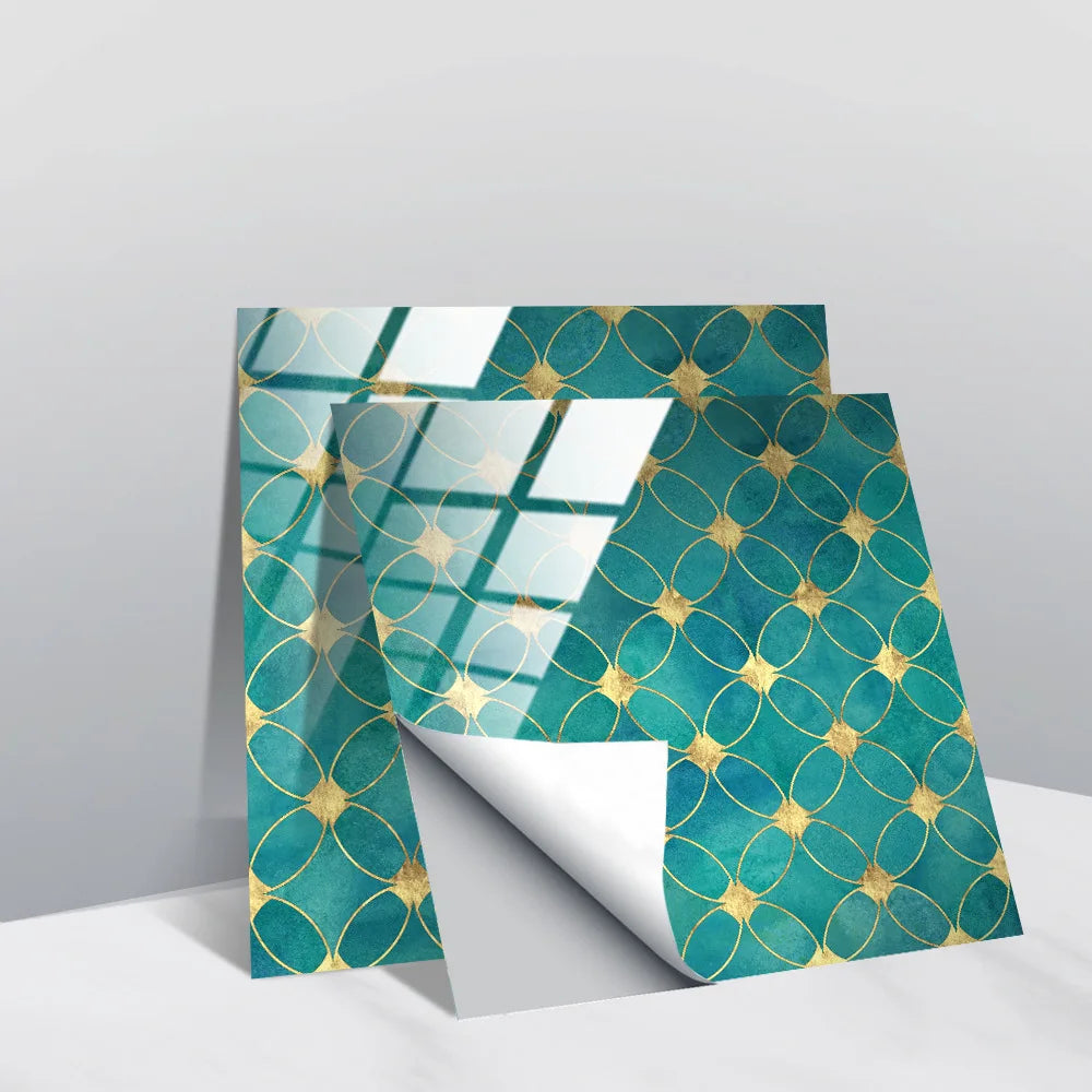 Self-adhesive faux tile wall stickers, teal scale pattern with gold outlined arcs