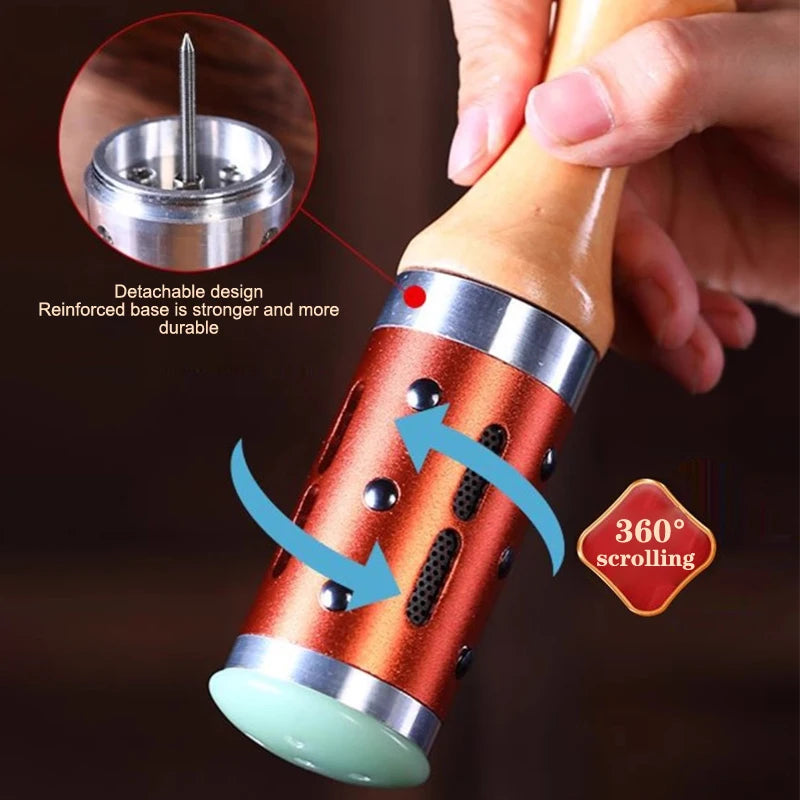 Handheld jade facial massage device with hot compress, 360-degree scrolling, and detachable moxibustion therapy design.