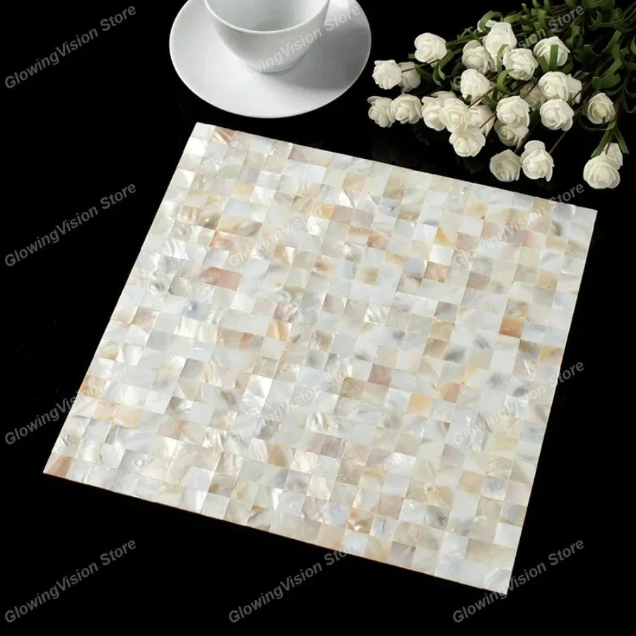 White mother-of-pearl mosaic tile sticker sheet with small square tiles and subtle shimmer