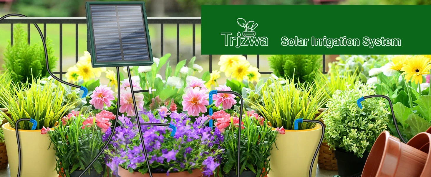 Solar irrigation system with green solar panel and drip hoses for garden pots