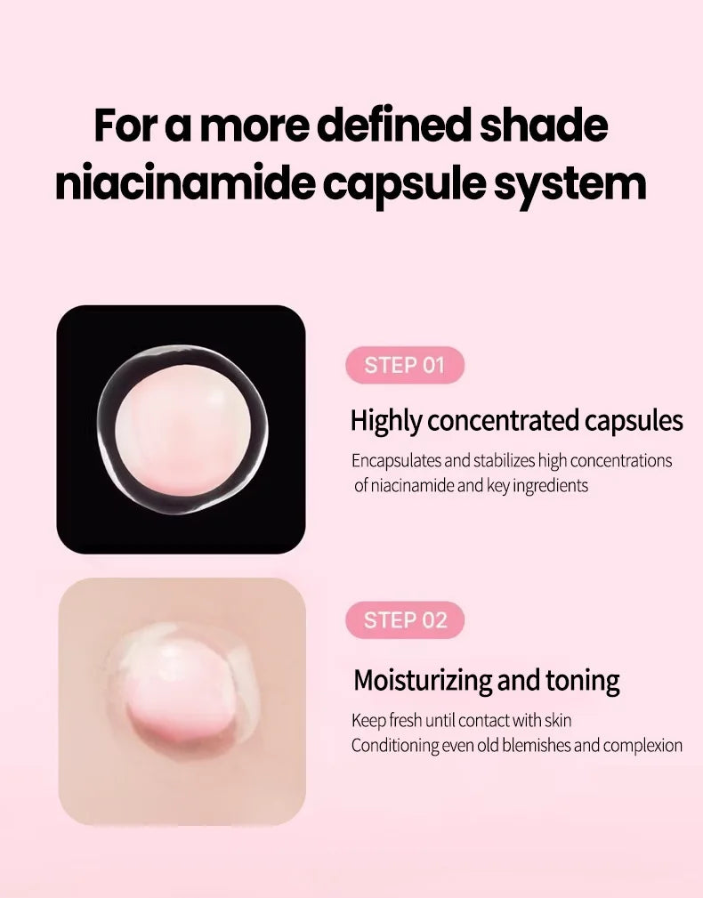 Infographic showing a pink niacinamide capsule against black, then blended into skin to illustrate moisturizing effect.