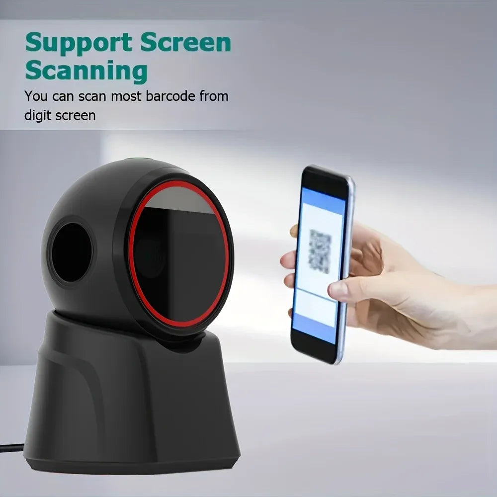 Black desktop barcode scanner scanning a barcode on a smartphone screen with red ring
