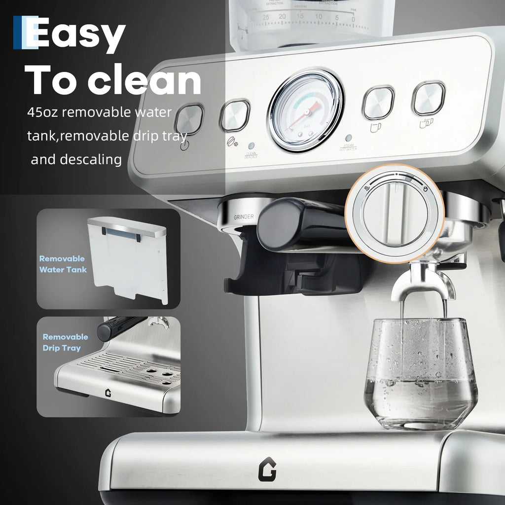 Stainless steel espresso machine with 45oz removable water tank, pressure gauge, and removable drip tray.